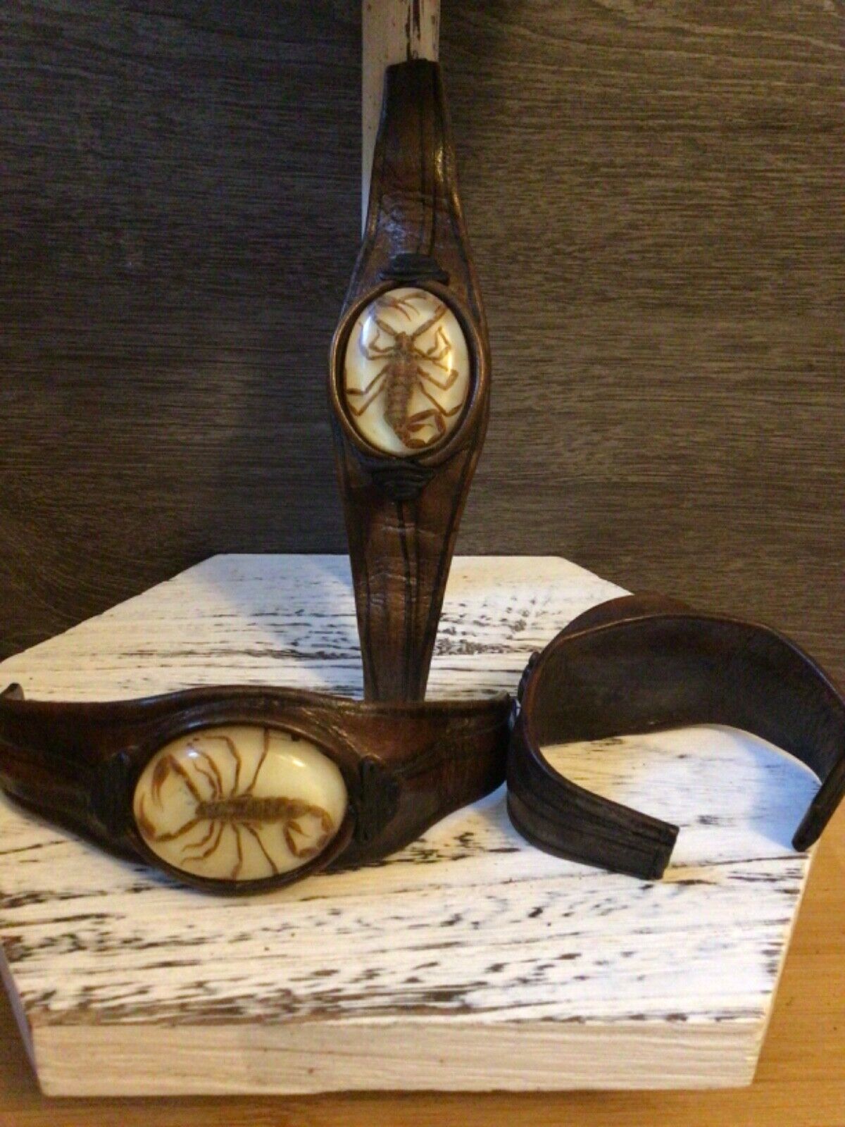 3 Vintage Scorpion Leather Bracelets Scorpion Encsed In Acrylic