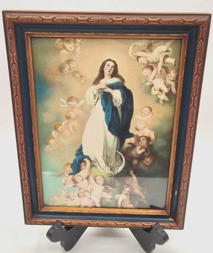Vtg Religious Wood Frame Glass Covered VIRGIN MARY Immaculate Conception Print