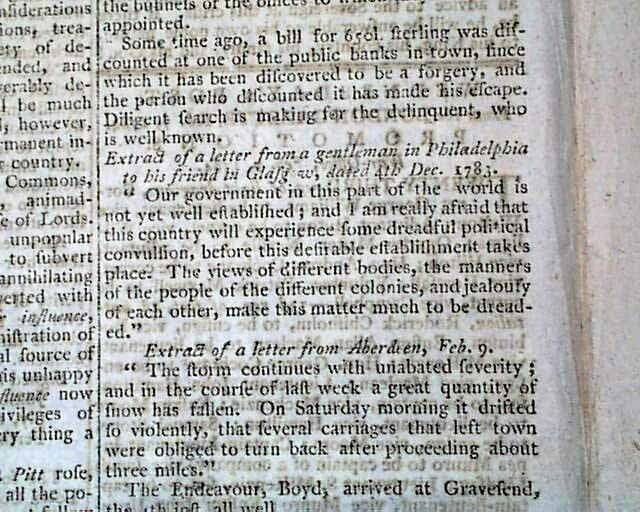 AMERICAN Colonies GOVERNMENT to Fail ? Post Revolutionary War 1784 Old Newspaper