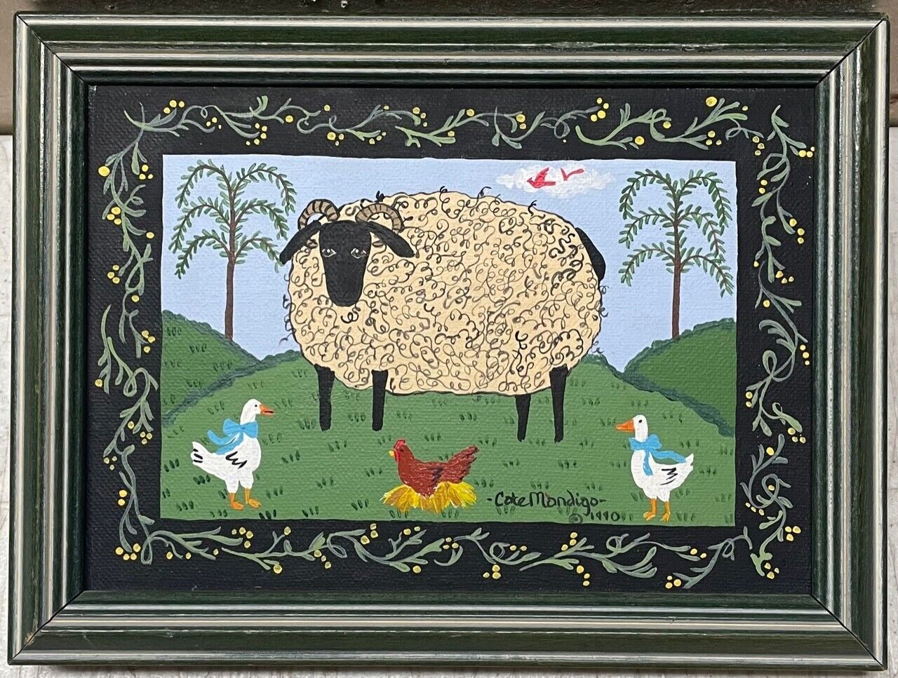 Original CATE MANDIGO \'Sheep CHICKEN & Duck FARM SCENE\' FOLK ART Oil Painting