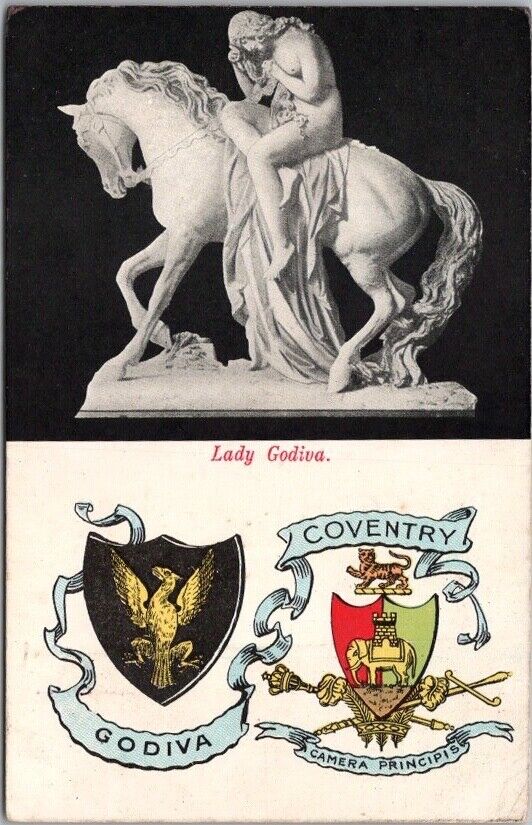 c1910s COVENTRY, England UK Postcard Coats of Arms / Lady Godiva Statue / UNUSED