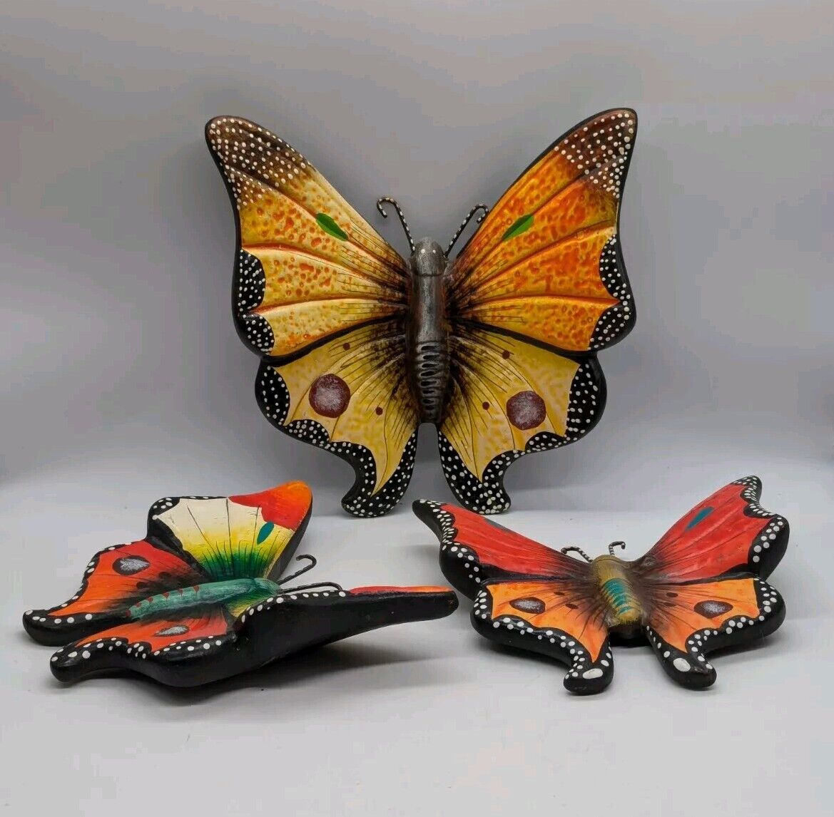 Vintage Colorful Butterfly Folk Art Mexican Pottery Wall Art Home Decor Set Of 3