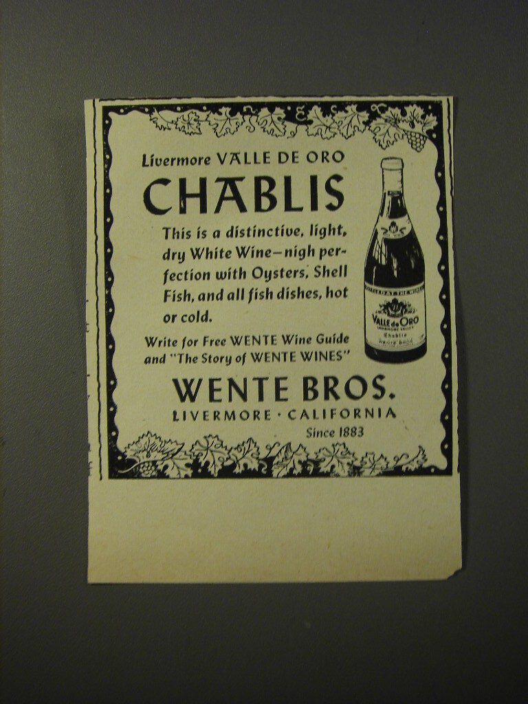 1953 Wente Bros. Livermore Valle de Oro Chablis Wine Advertisement