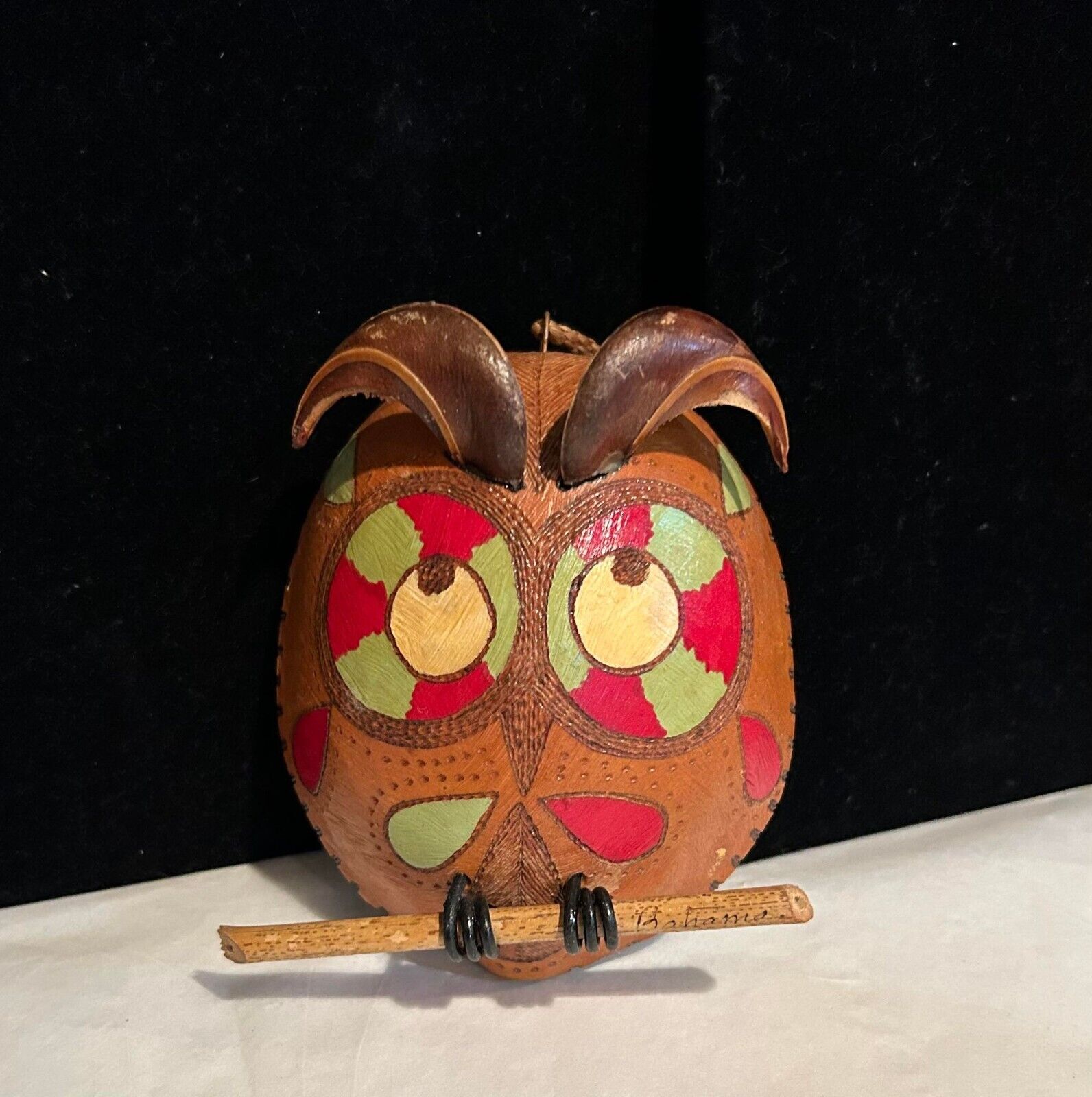 Vintage Owl Hand Painted Tribal Miniature Mini Mask Coconut Shell Ethnic