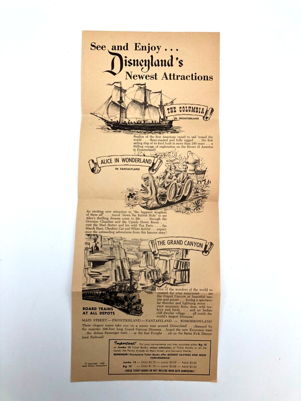 RARE 1958 Disneyland Flyer Announcing New Columbia Grand Canyon & Alice Ride EUC