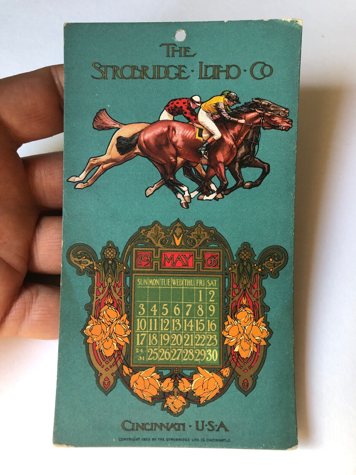 STROBRIDGE LITHO Calendar May 1903 Trade Card HORSE RACING Race Tracks Kentucky