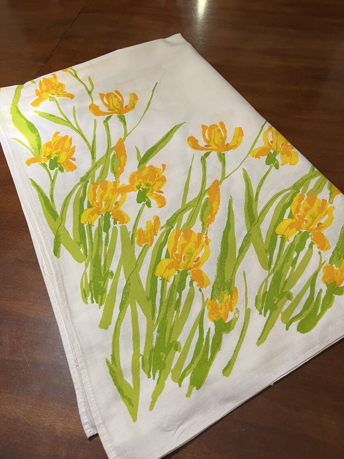 Vintage Vera tablecloth Signed Bright orange & yellow irises 52” X 66“.