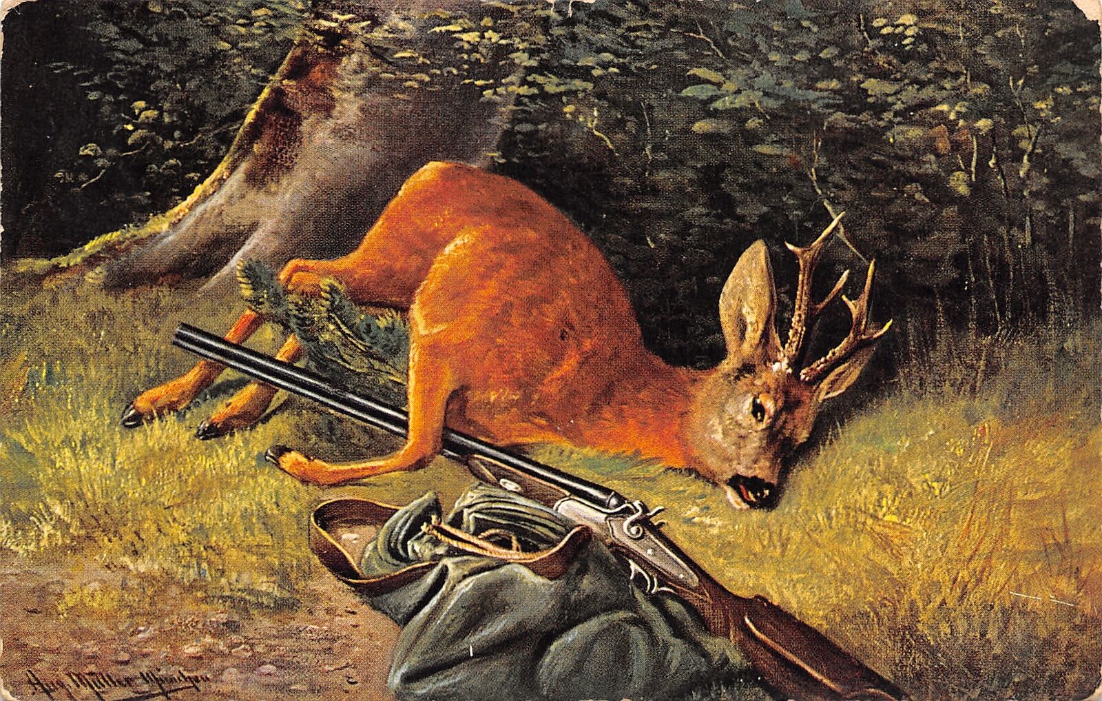 August Muller~Deer Hunting Season~Young Buck Lays Across Gun~Green Jacket~HK Co