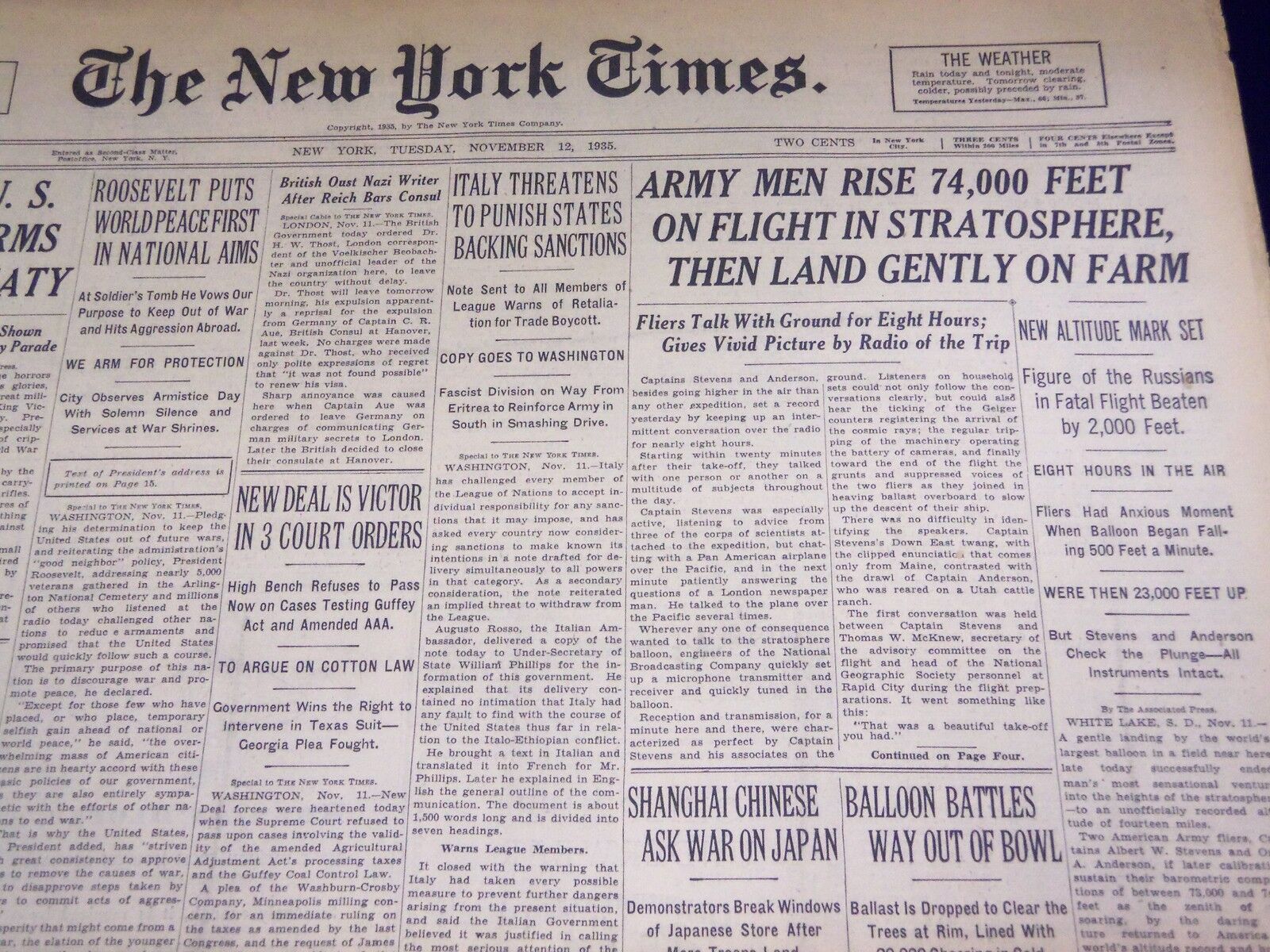 1935 NOV 12 NEW YORK TIMES - ARMY MEN RISE 74,000 FEET IN STRATOSPHERE - NT 1965
