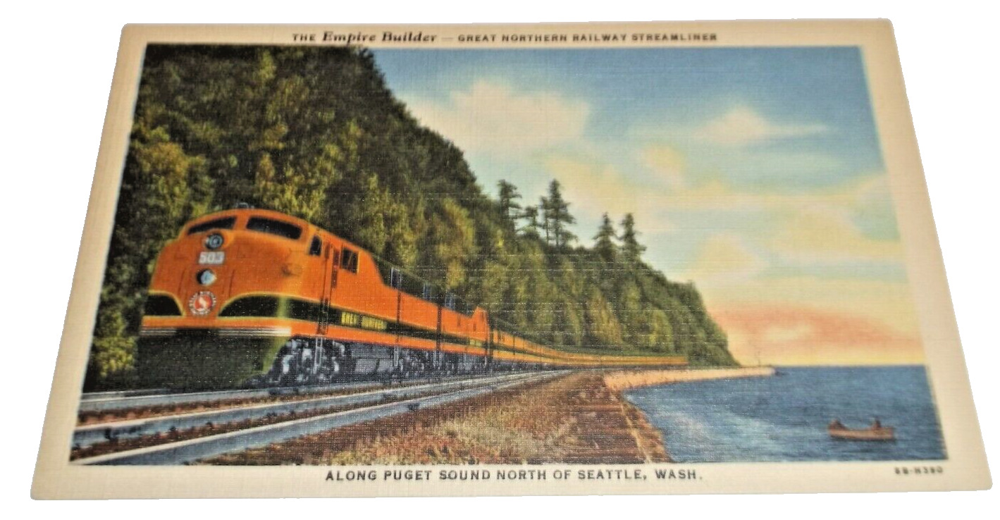 1930\'s GREAT NORTHERN EMPIRE BUILDER UNUSED COMPANY LINEN POST CARD NEAR SEATTLE