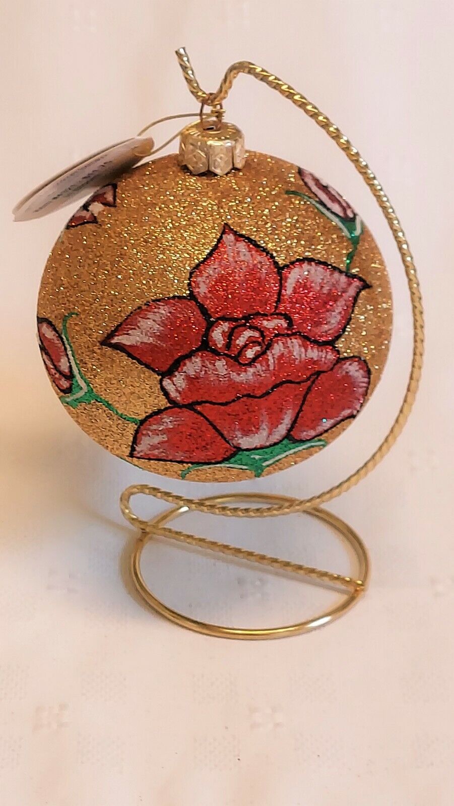 Christmas Glass Glitter Ornament artist hand painted Ball on stand