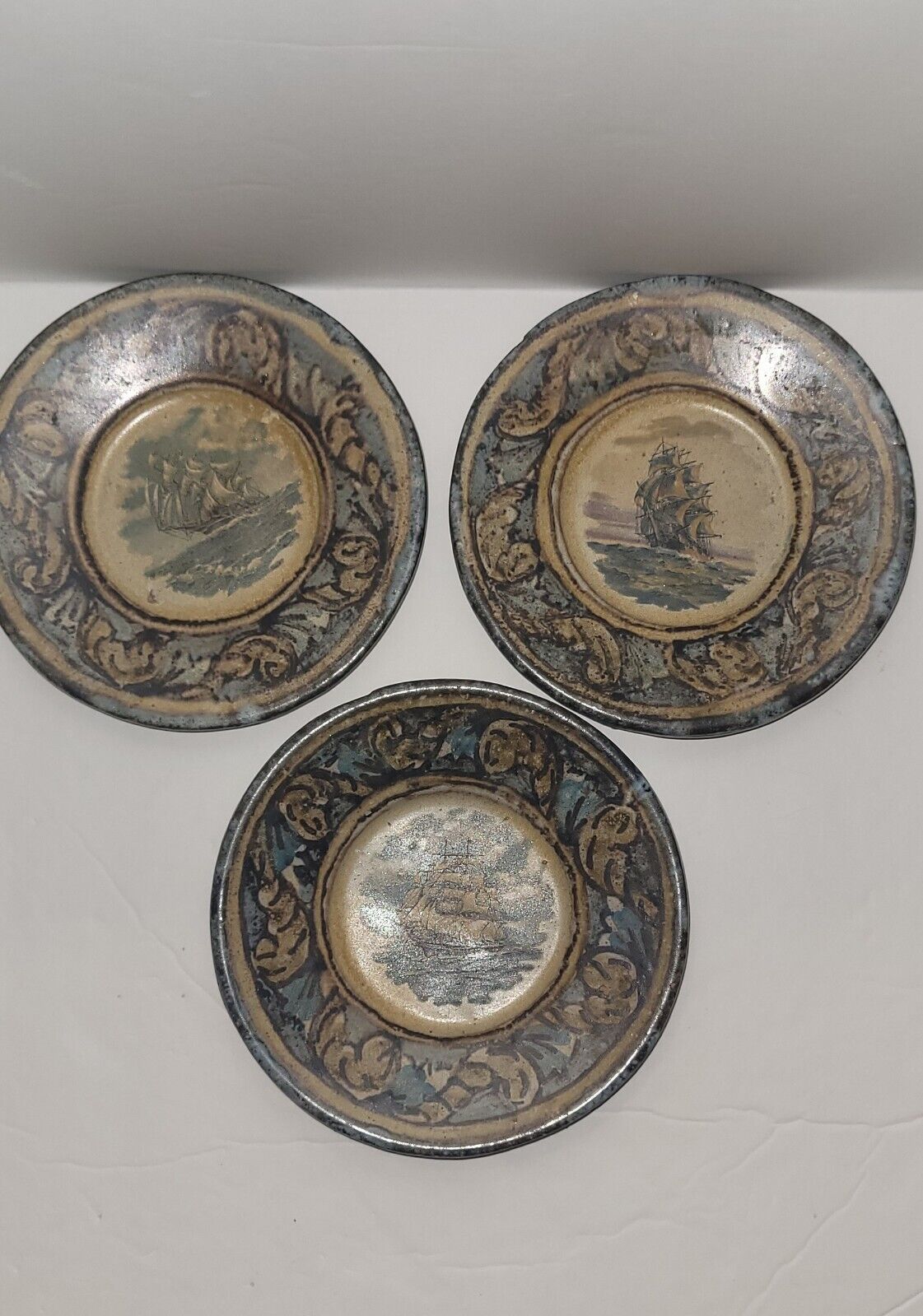 Decorative Mini Plates Terra Cotta With Ships/Blue Handmade 