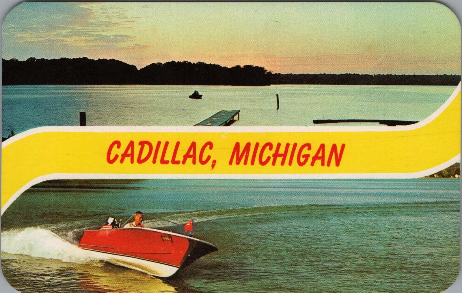 Lake Cadillac MI Sunset Dual View Red Power Boat Fishing Boat Postcard UNP