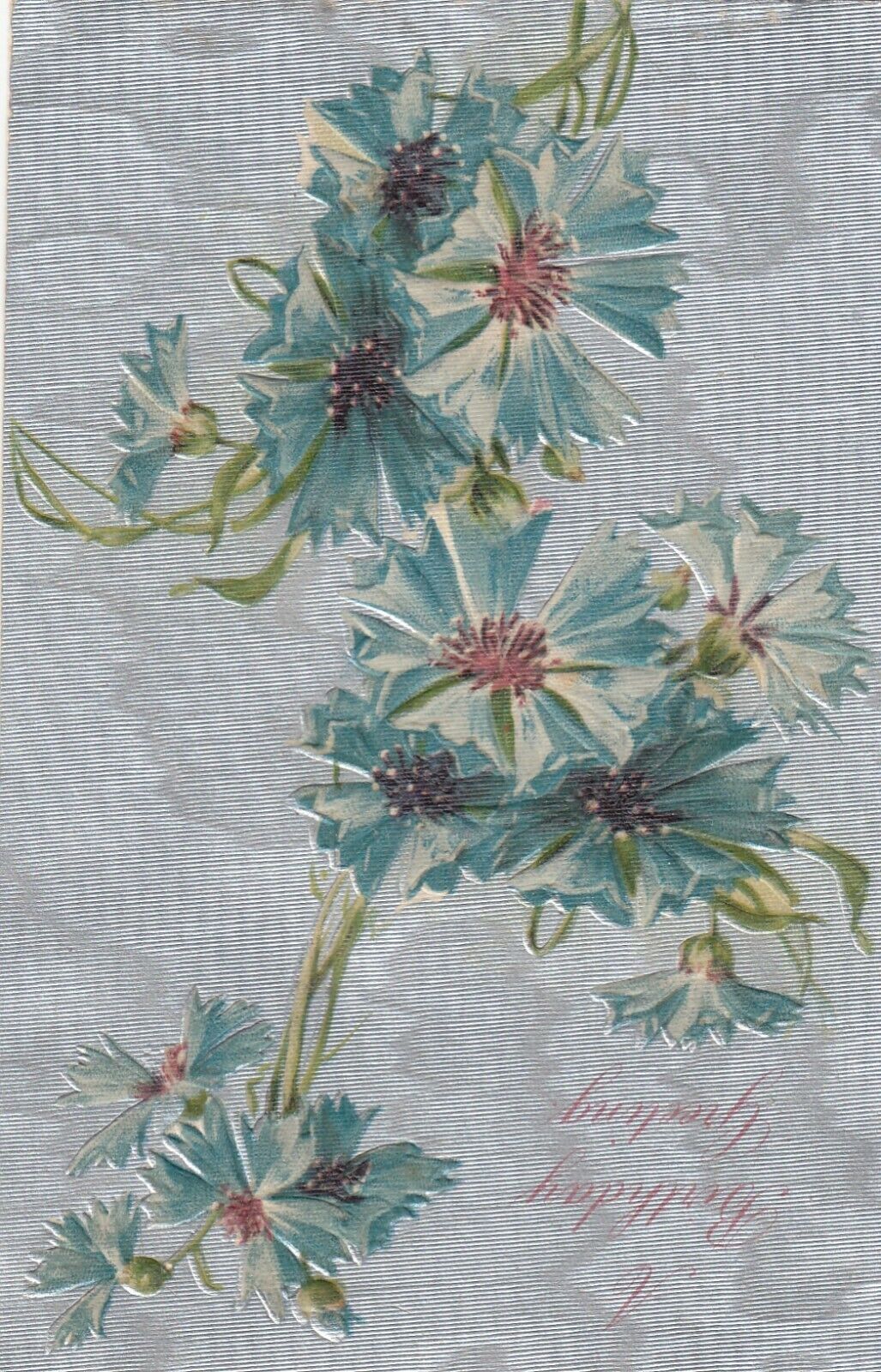 Vintage Birthday Postcard BLUE FLOWERS SILVER BACKGROUND  EMBOSSED UNPOSTED 1908