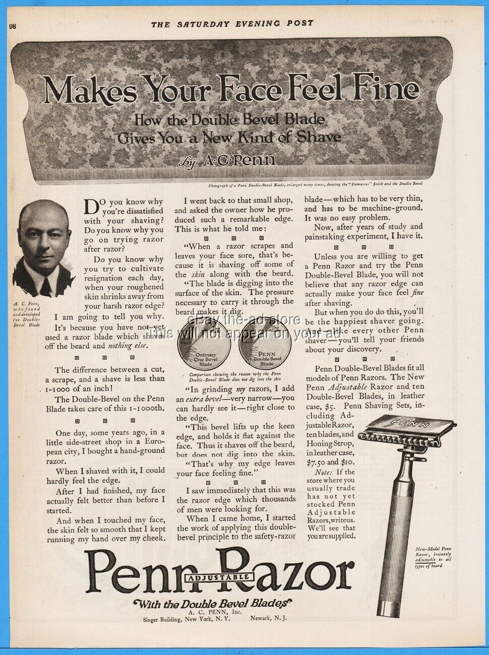 1920 Penn Safety Razor Blade Shaving Makes Your Face Feel Fine New York NY Ad