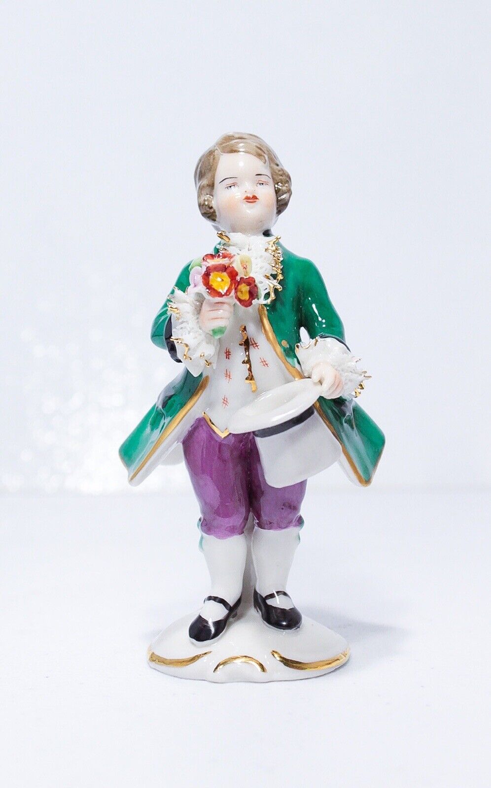 Antique Hand Painted DRESDEN Germany Boy w/ Flowers & Hat Porcelain Figurine