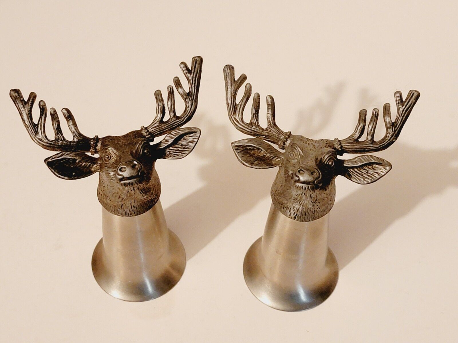 2 Jagermeister Stainless Steel Shot Glasses With Pewter Elk, Deer, Stag Head