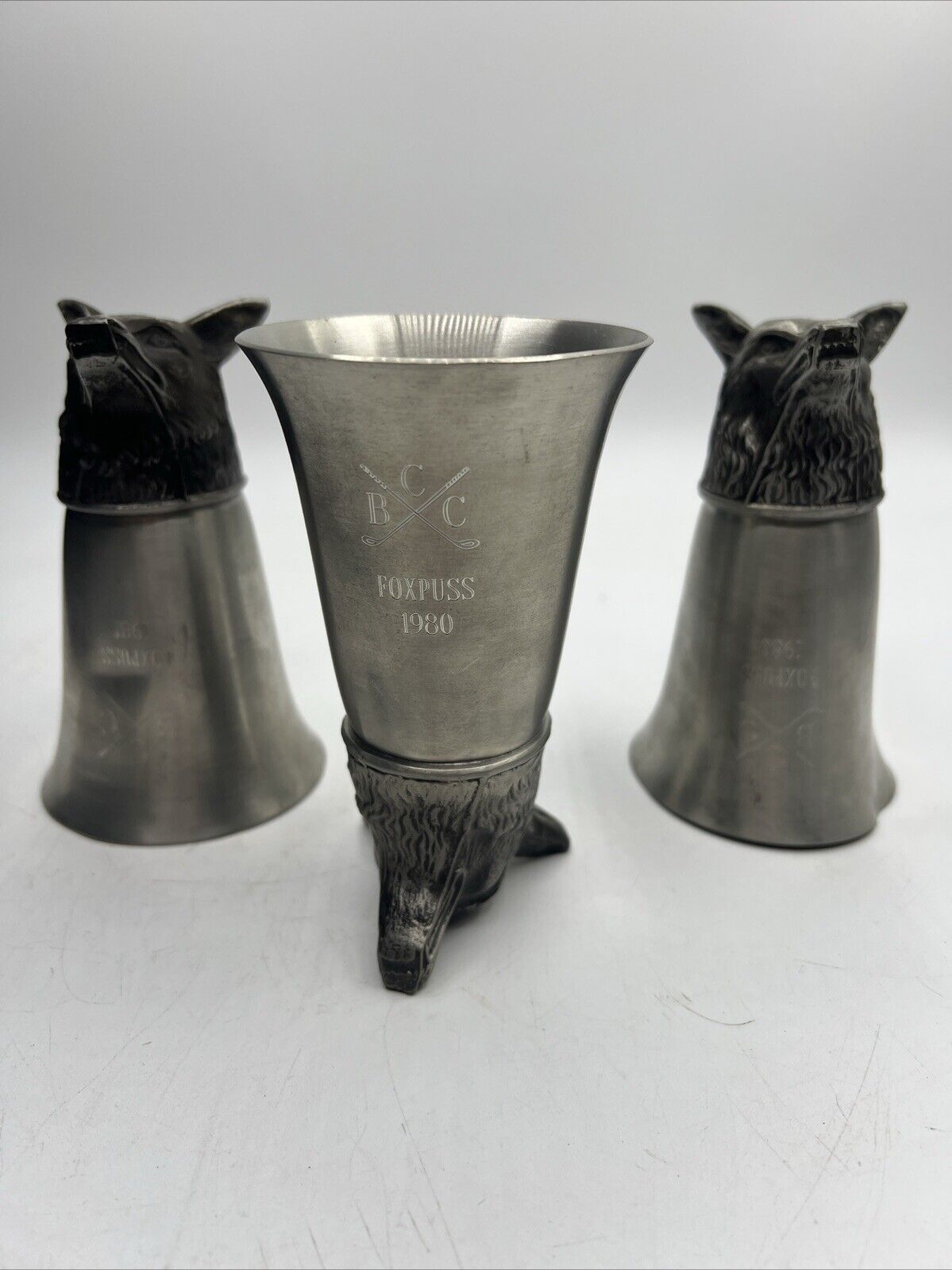 Vintage Pewter Fox Head Stirrup Cup 1980 Etched Foxpuss Lot Of 3 5”