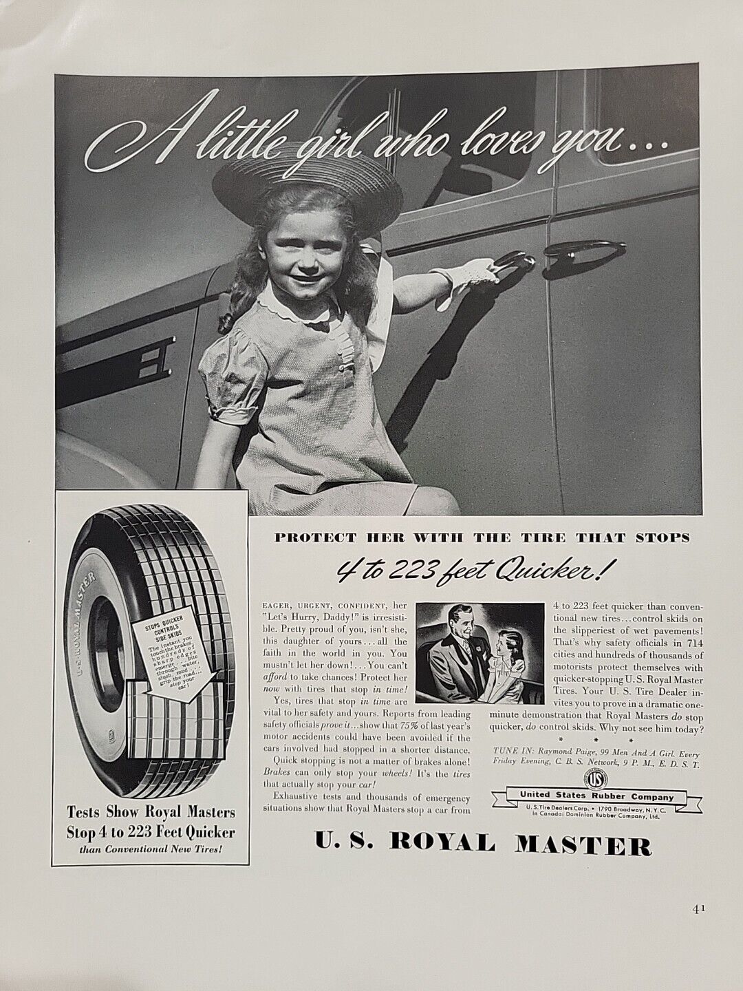 1939 U.S. Royal Master Tires Fortune Magazine Print Advertising Little Girl