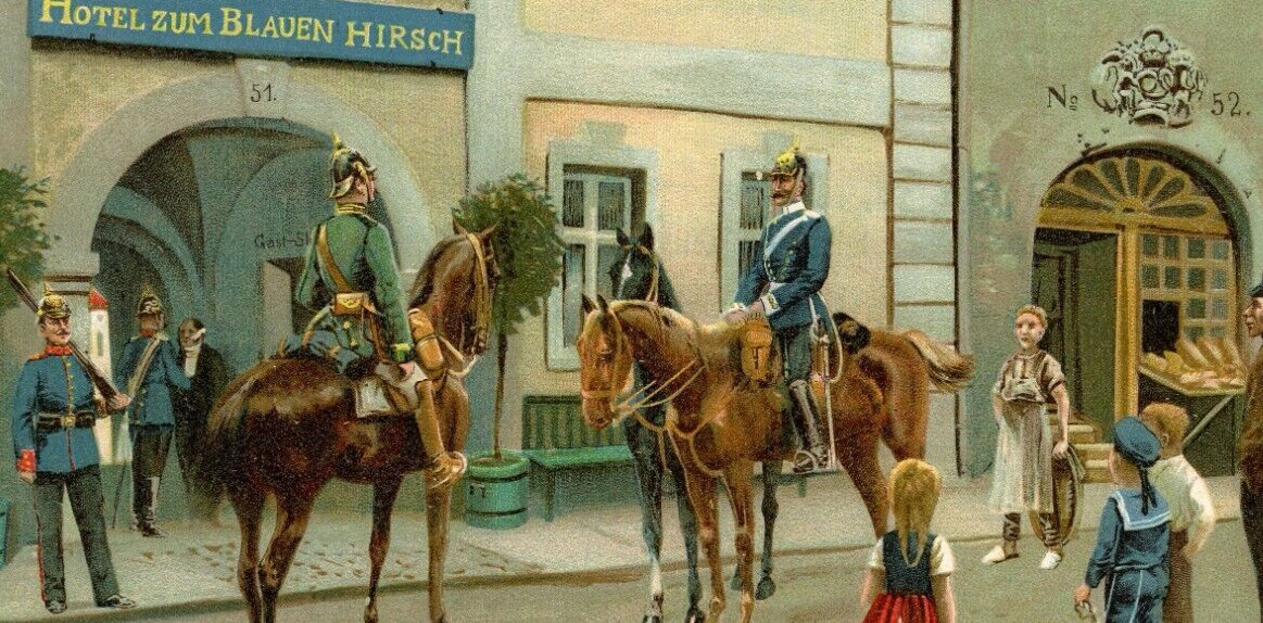 Military Prussian Riflemen Infantry Horses In Front of Headquarters Print