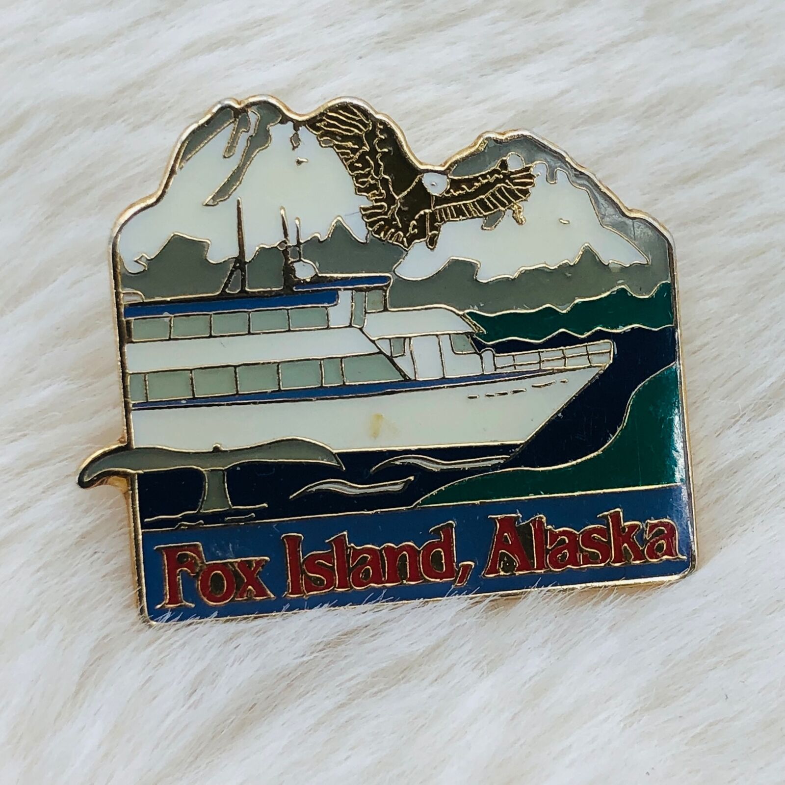 Vtg Fox Island Alaska Souvenir Enamel Lapel Pin w/ Tour Ship