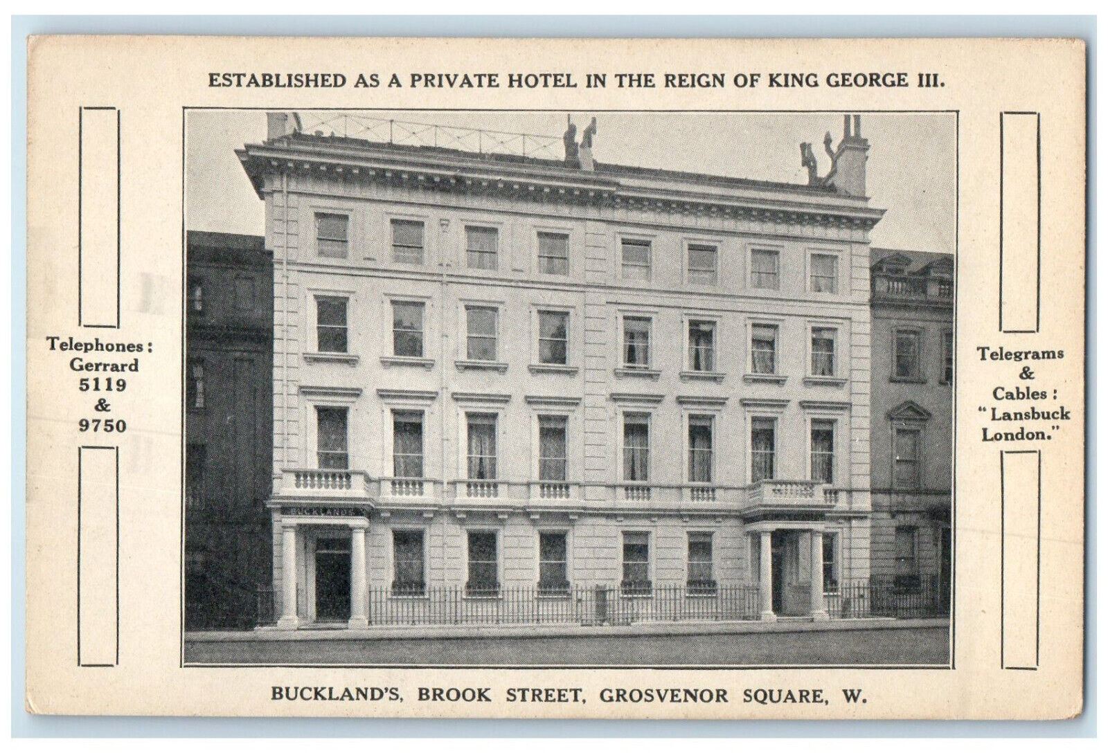 c1910 Buckland's Brook Street Grosvenor Square London England Postcard