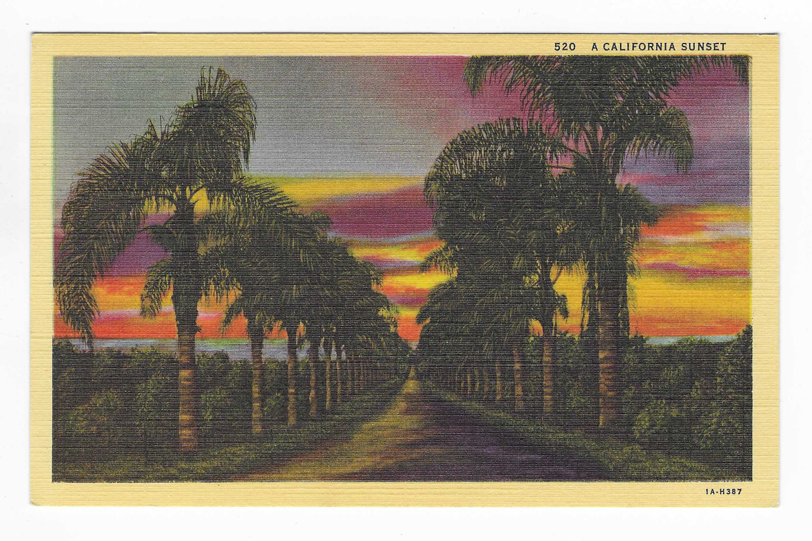 Vintage Postcard A California Sunset Palm Trees Beach LInen UNP