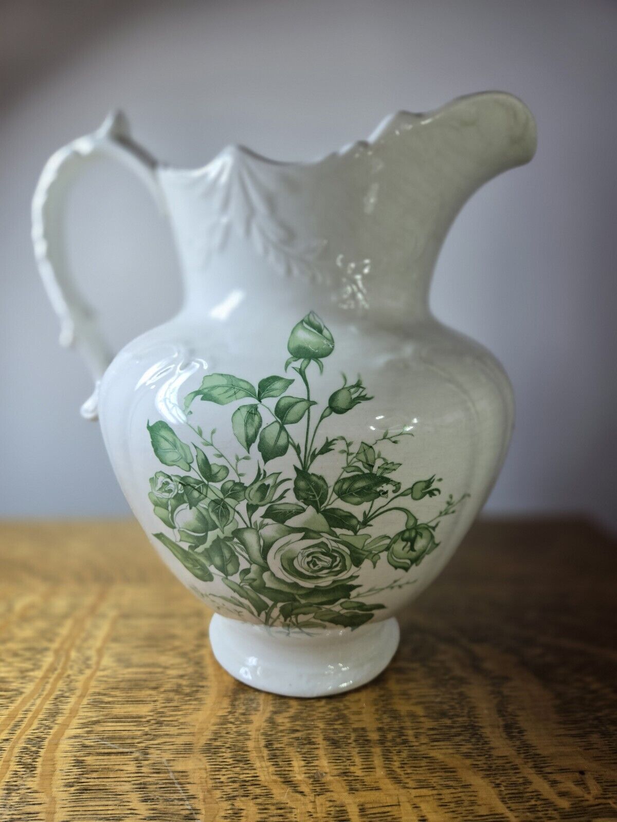 Antique Large Cornell Ironstone Green Roses Pitcher 11 x 9\