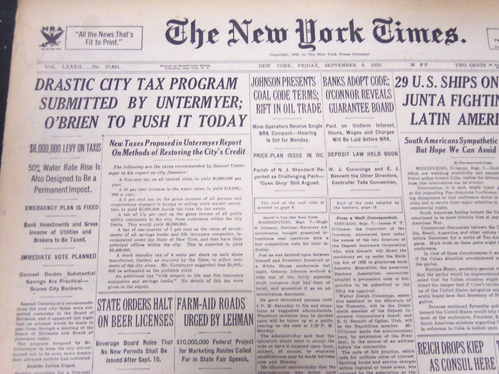 1933 SEPT 8 NEW YORK TIMES - CITY TAX PROGRAM SUBMITTED BY UNTERMEYER - NT 5260