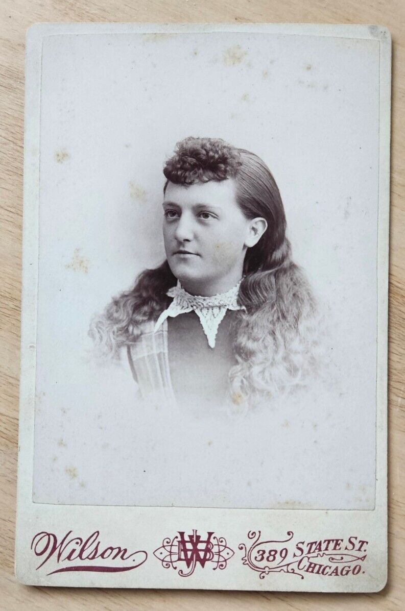Chicago, IL Cabinet Card woman w beautiful hair, lace collar, by Wilson