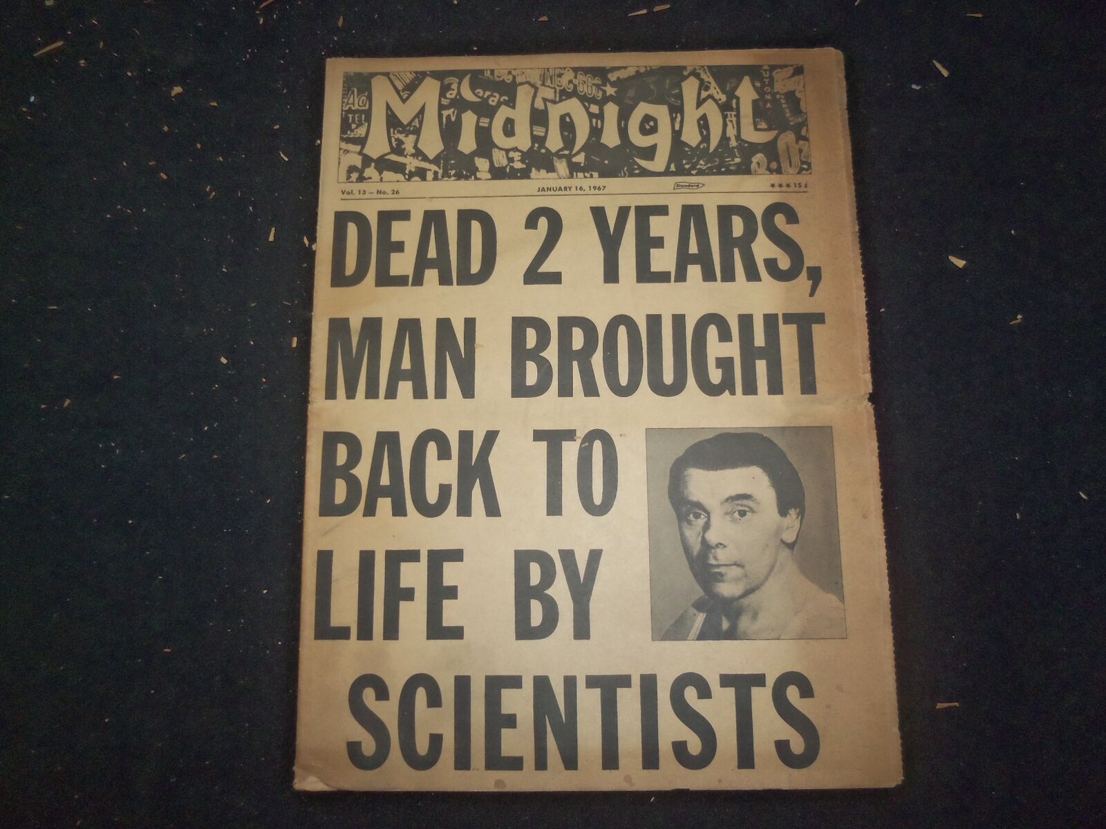 1967 JANUARY 16 MIDNIGHT NEWSPAPER - DEAD 2 YEARS, BROUGHT BACK TO LIFE- NP 7374