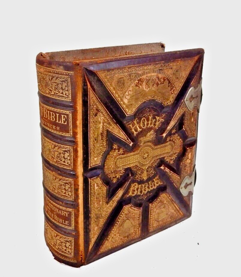 Antique 19th Century Holy Bible Embossed Leather Gold Leaf Brass Enclosure 1880s