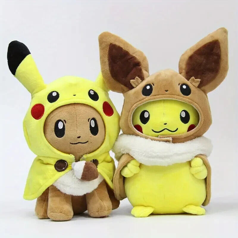 12 Inch Pokemon Eevee And Pikachu Poncho Cosplay Plush Set  NWT