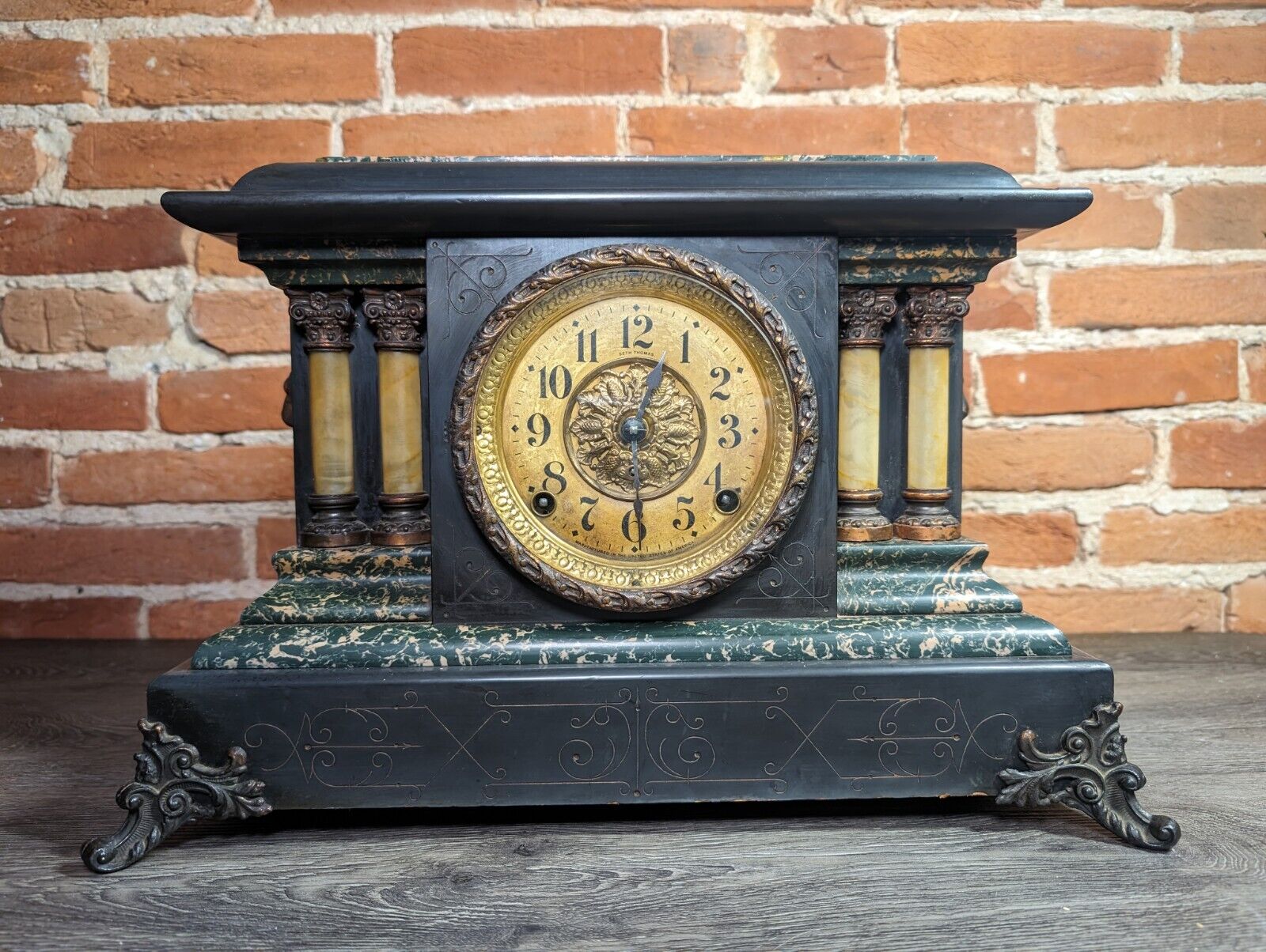 Antique Seth Thomas 295 Adamantine Mantle Clock Green-No Key-Works