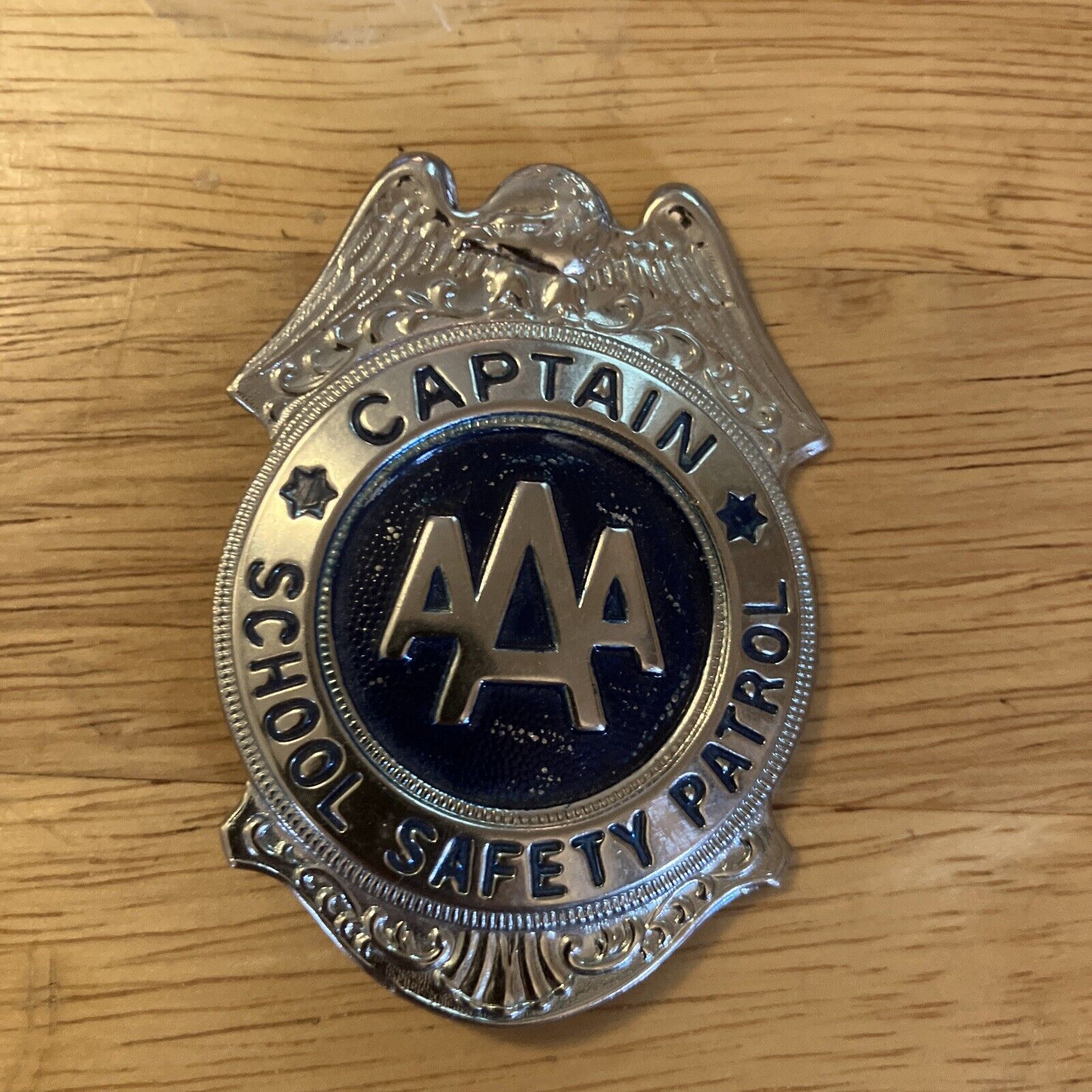 Vintage AAA Captain School Safety Patrol Badge  ~  Silver & Blue