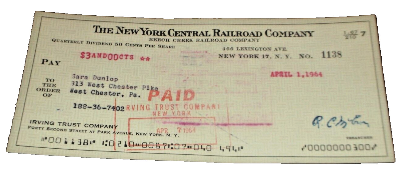 APRIL 1964 BEECH CREEK RAILROAD COMPANY NYC NEW YORK CENTRAL CHECK #1138