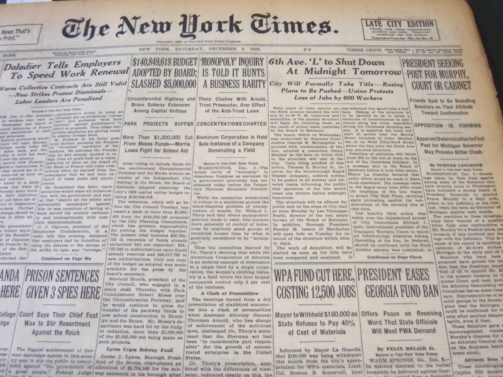 1938 DEC 3 NEW YORK TIMES - 6TH AVE L TO SHUT DOWN MIDNIGHT TOMORROW - NT 6236