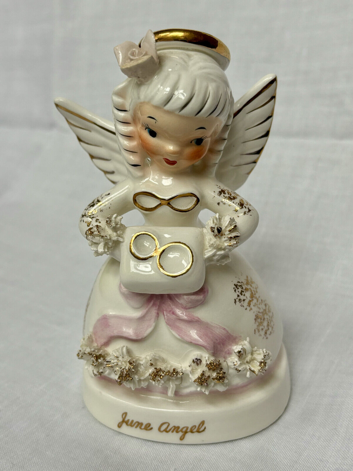 Vintage Napco June Birthday Angel Bride Wedding Rings Pink Figurine