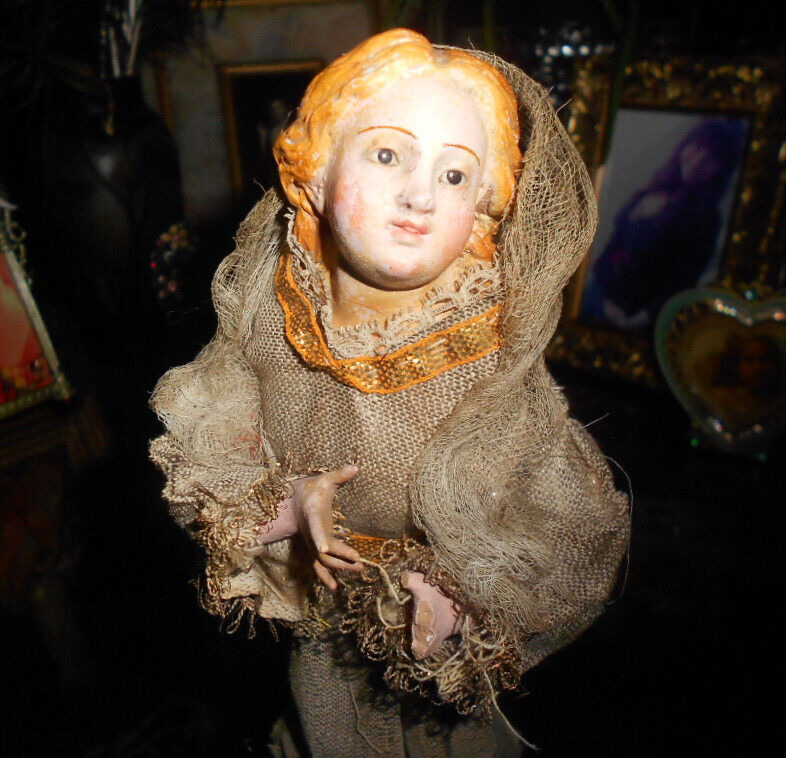 18th century Antique Neapolitan Angelic Crèche Metallic Dress Saint