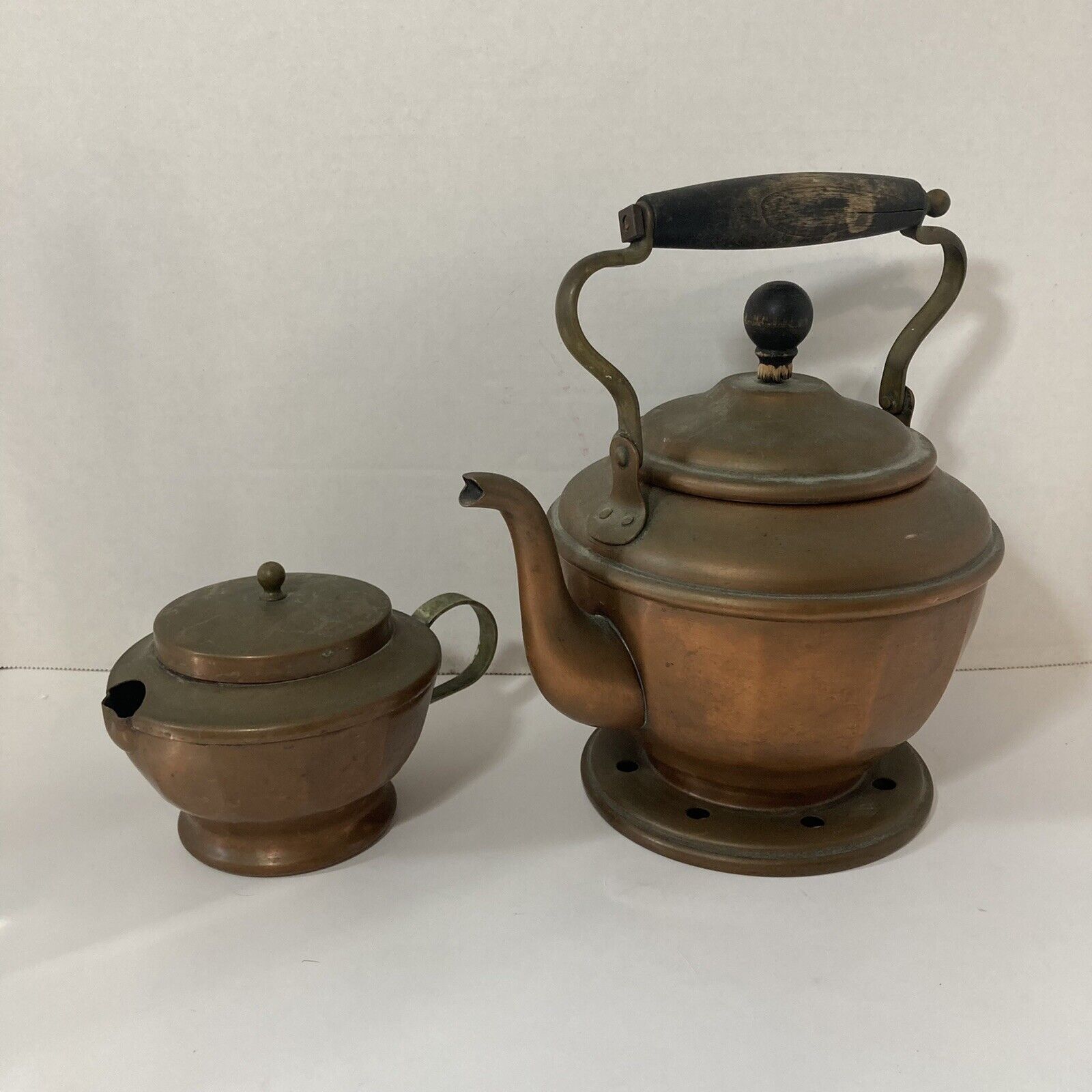 Antique Joseph Heinrichs Copper Teapot & Creamer Cup/Bowl Set Of Two With Lids