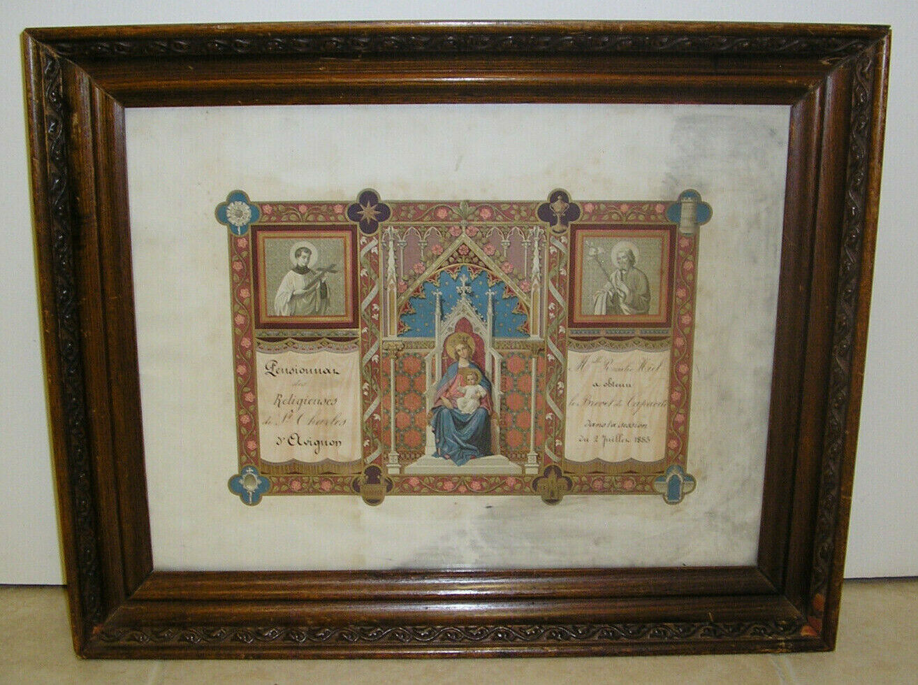 Antique Catholic Print French Brevet de Capacite St Charles d'Avignon 1883 