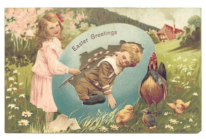 1909 Embossed German Postcard Easter Greetings Boy Girl Chicks Chicken Spring