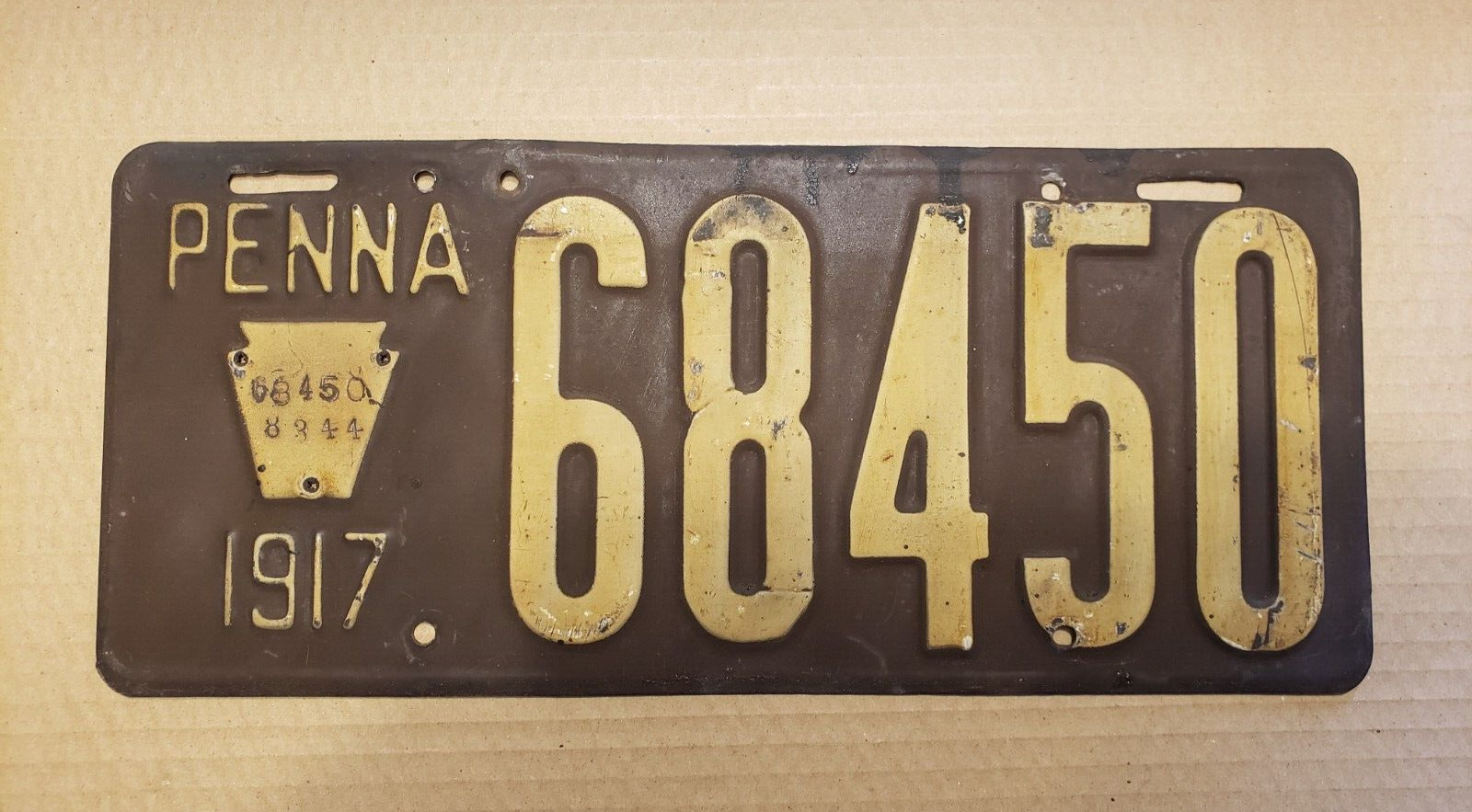 Vintage 1917 Pennsylvania License Plate Tag# 68450