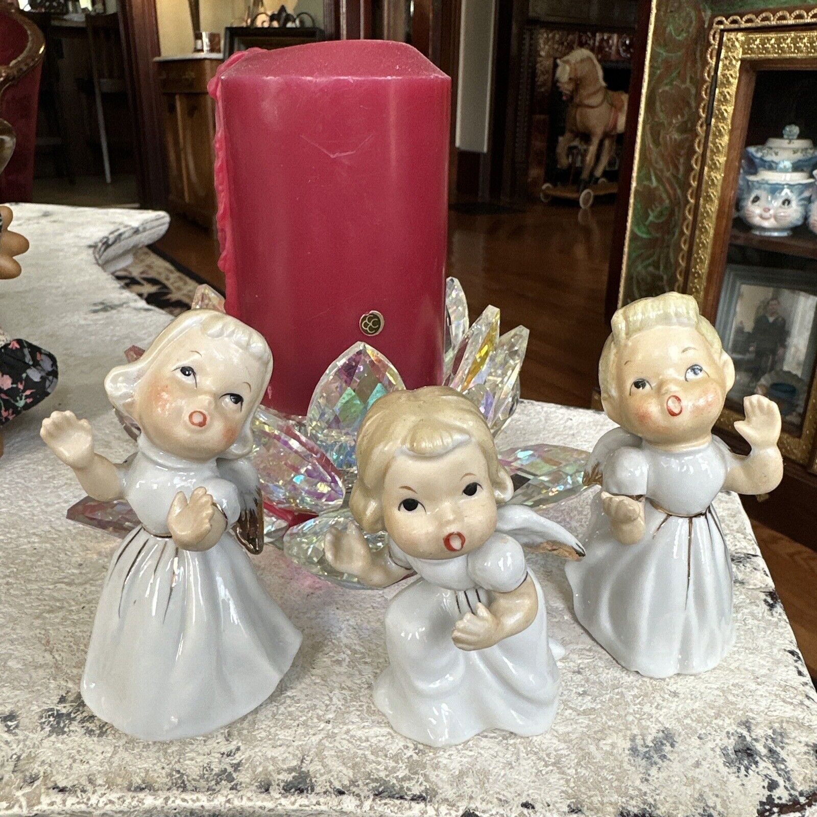 3 Vintage Open Mouth Angel Figurines White W/ Gold Trim Singing Japan Christmas
