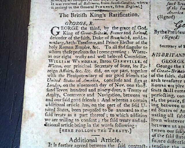 JAY'S TREATY President George Washington & UK King Ratification 1796 Newspaper