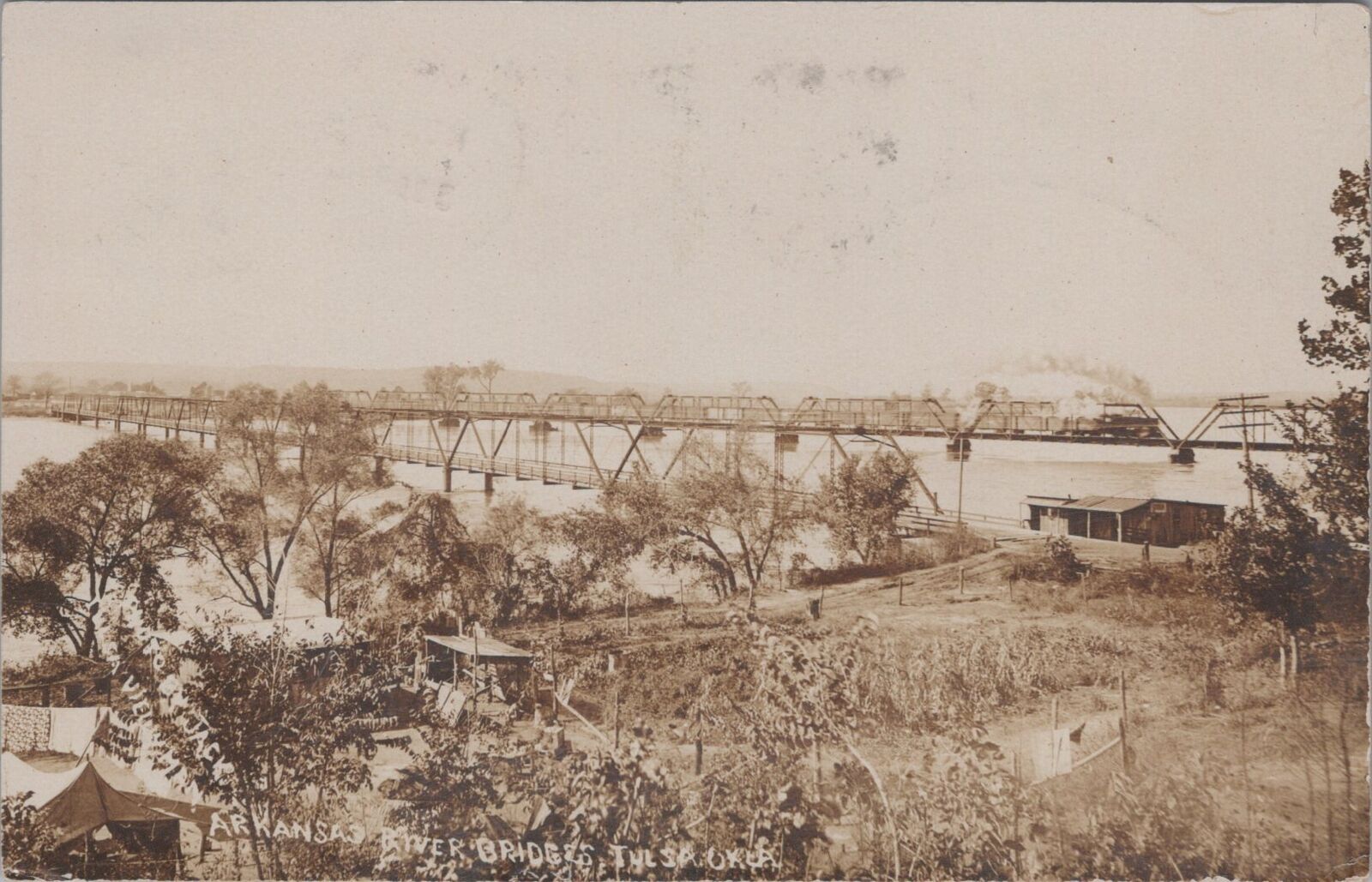 Arkansas River Bridge Steam Train, Tulsa, Oklahoma c1900s RPPC Photo Postcard