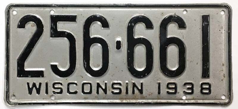 Wisconsin 1938 License Plate 256-661 Original Paint