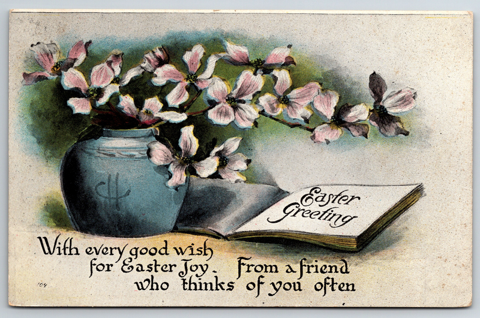 c1930s Easter Greeting From a Friend Thinking of You Flowers Vintage Postcard