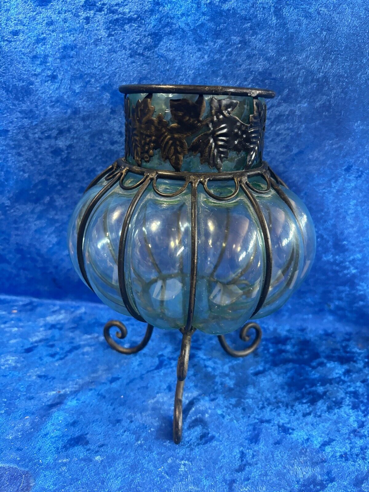 Vintage Wrought Iron Blown Aqua Glass Urn/Planter 9.25 x 6.5 x 6.5\