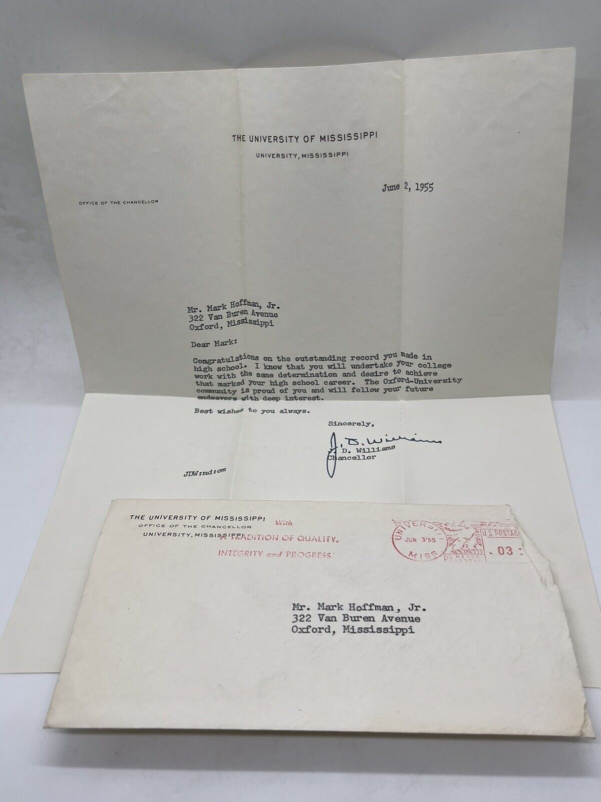 1955 University Of Mississippi Chancellor JD Williams Signed Letter Ole Miss J D